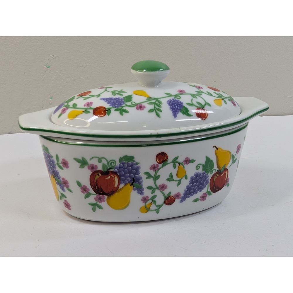 Cook Street Small 3 Pc Porcelain 5.5" Butter Boat Keeper Dish Fruit Pattern